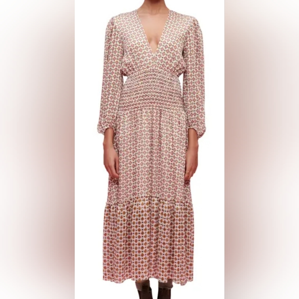 Maje Print Chiffon Smocking Dress